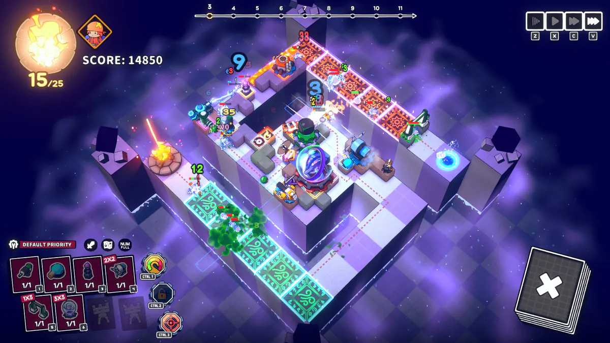An Emberward icy maze board from an angled view, with towers along the enemy route.