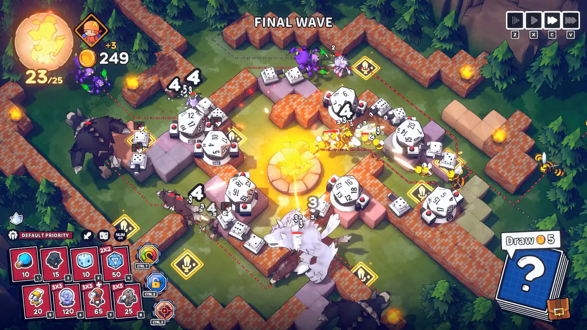 Emberward towers defending a winding maze while block cards shape the route.